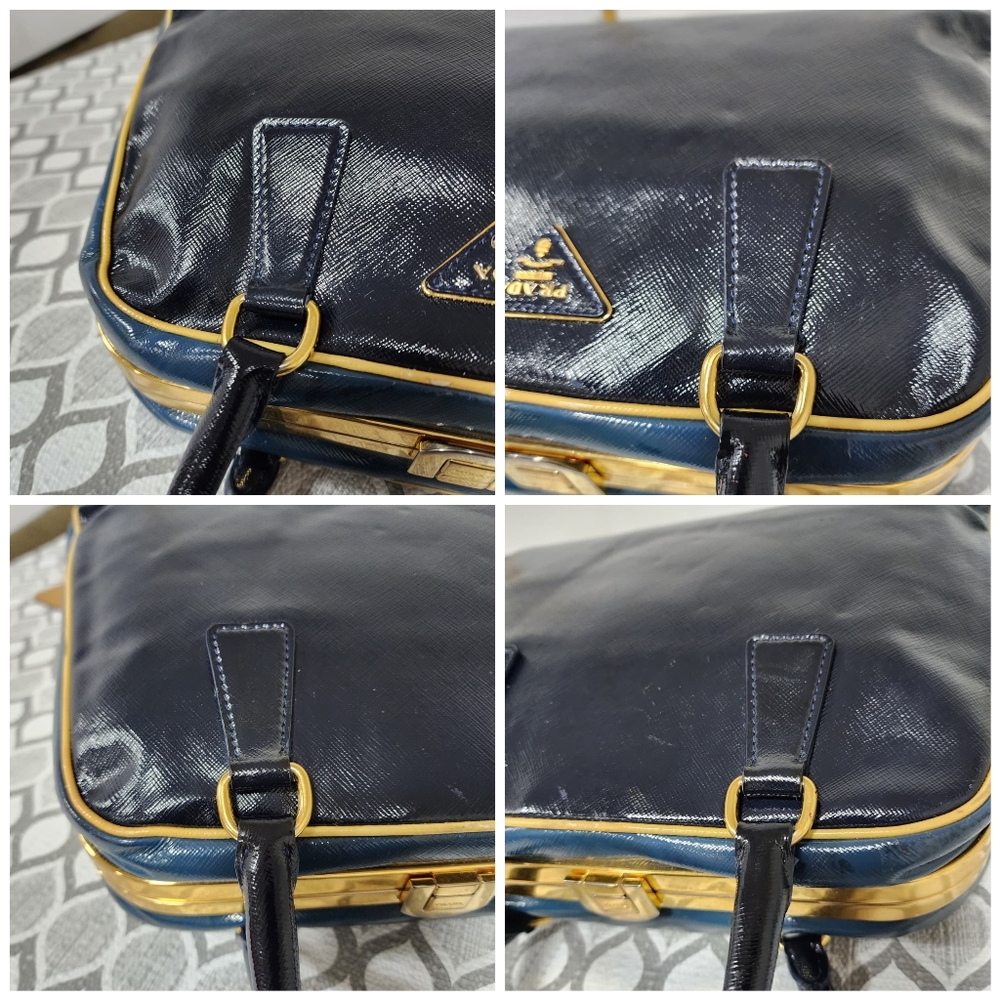 Prada Saffiano Vernice Pyramid Bag Navy Blue - Picture 10 of 15